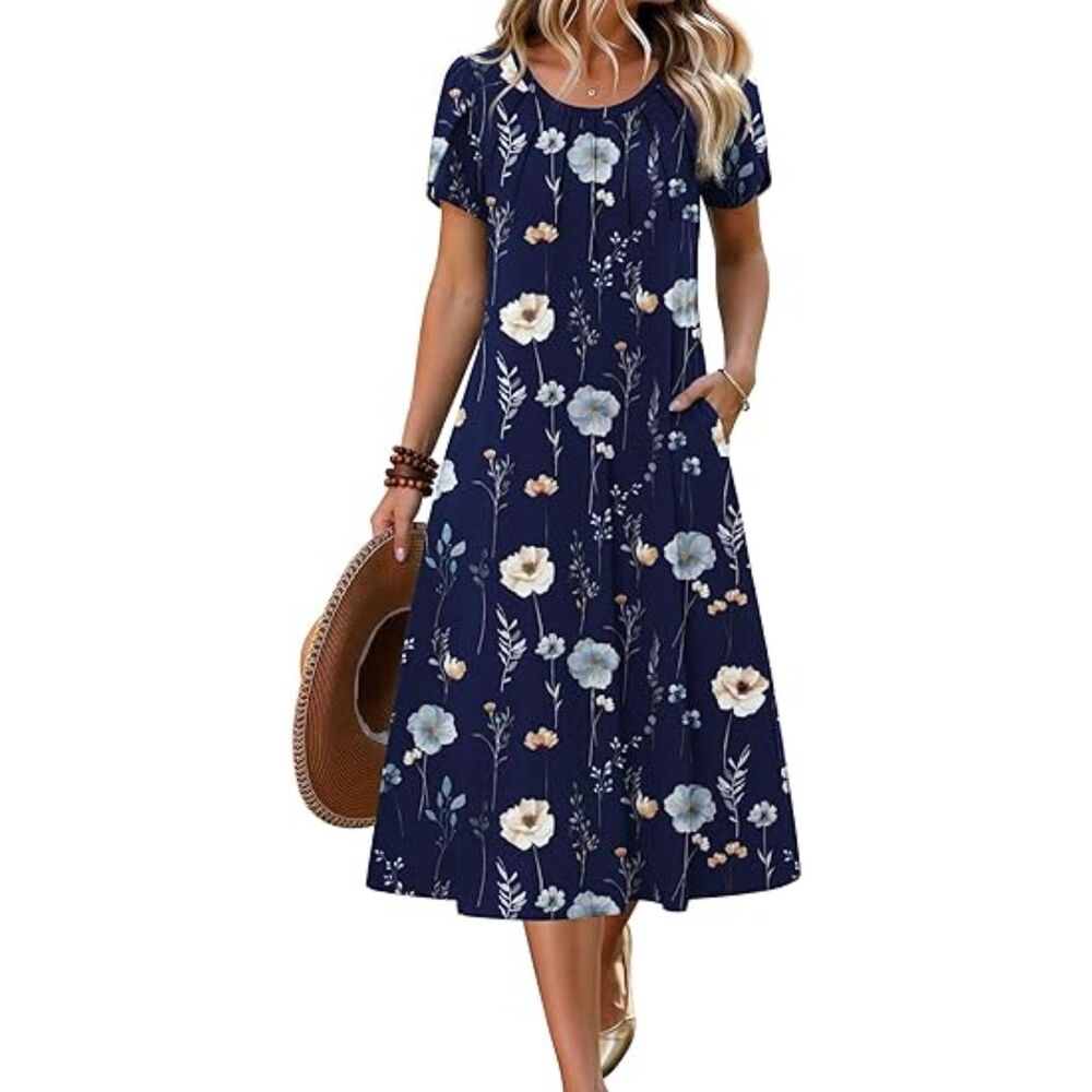 WomenNavy Floral Blend Crew-Neck A-Line Short Sleeve Flowy Dress Boho Sundress